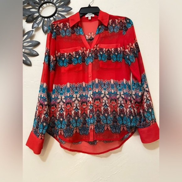 Express~The Portofino Shirt~Semi-Sheer-Slim-Fit~Butterfly Print~Blouse~Size XS - Picture 5 of 14